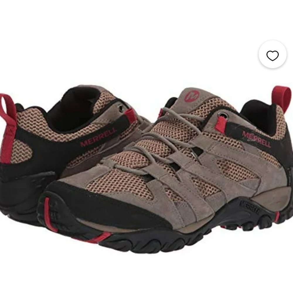 Merrell outdoor sneakers in tan and red. Pre-owned. Size 8 1/2. As Is.